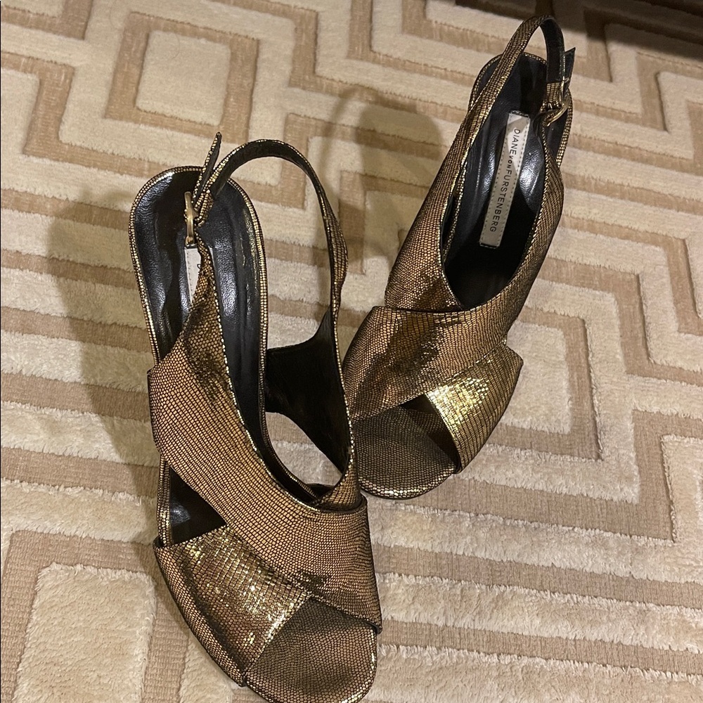 Gold leather, Diane Firstenberg sling back open toe heels